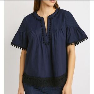 DEREK LAM 10 CROSBY- Pintucked Poplin Eyelet Top in Navy